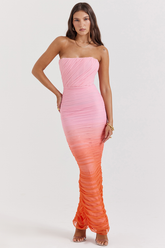 Saphirblaues, plissiertes Maxikleid mit Ombre-Muster